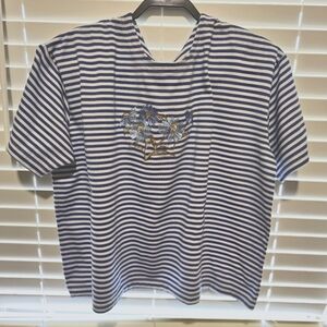 Specialty Collection Striped White/Blue T-shirt front blue flowers embroidery 2X